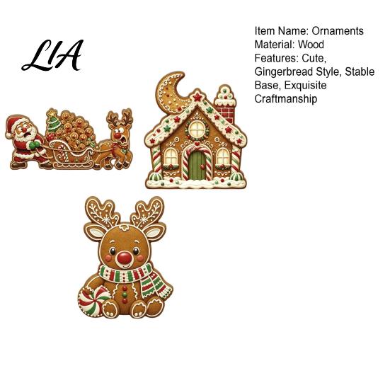 Christmas Party Supplies 3Pcs Gingerbread House/Elk/Santa Claus Ornaments, Tiered Tray Decor, Festive Fireplace Ornaments Rustic Wooden Figurines for