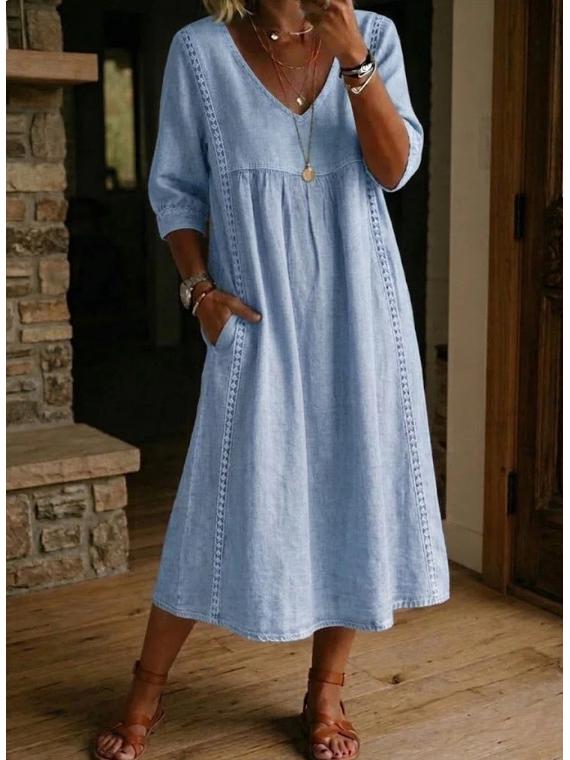 2026 European & American V-Neck Patchwork Lace Trim Linen-Cotton Casual Dress
