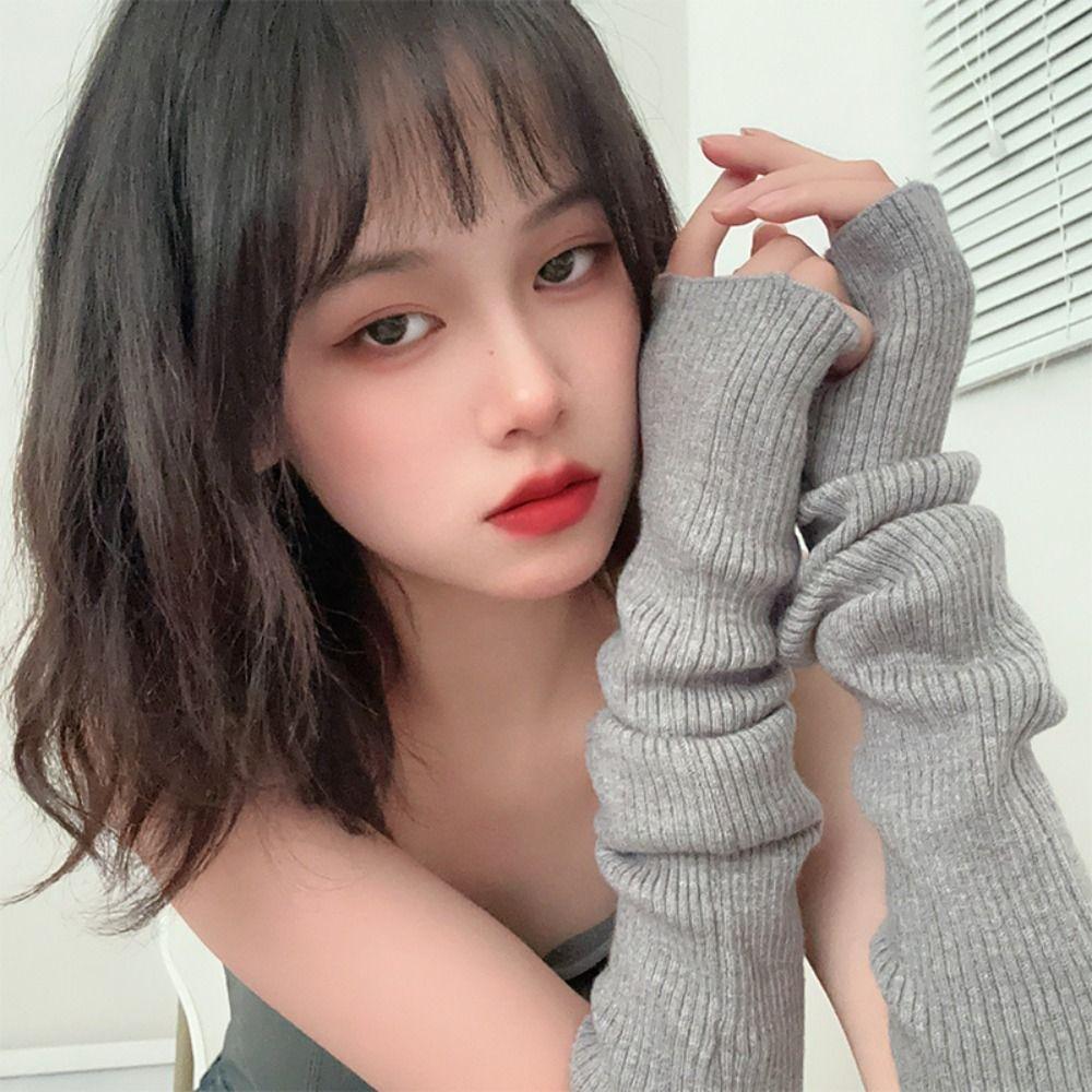 1 Pair Women Long Fingerless Gloves Winter Soft Knitted Warm Arm Sleeve Punk Gothic Fashion Casual Soft Mitten