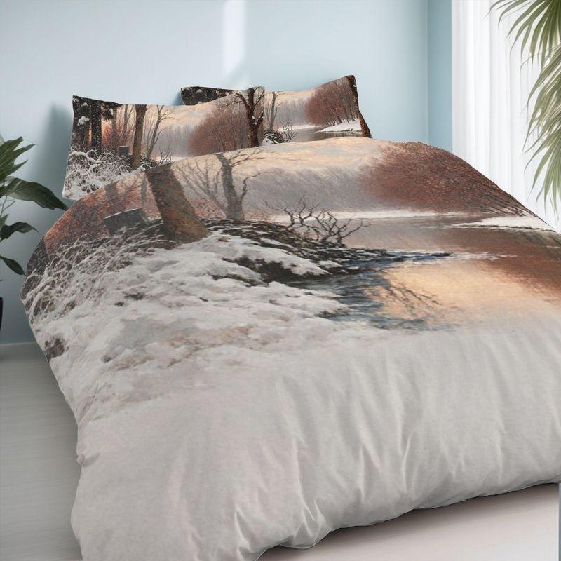 3Pcs Bedding Pillowcase Quilt Cover Set Winter Snow View River Forest Snow View 2D Digital Printing For Bedroom Dormitory Decor