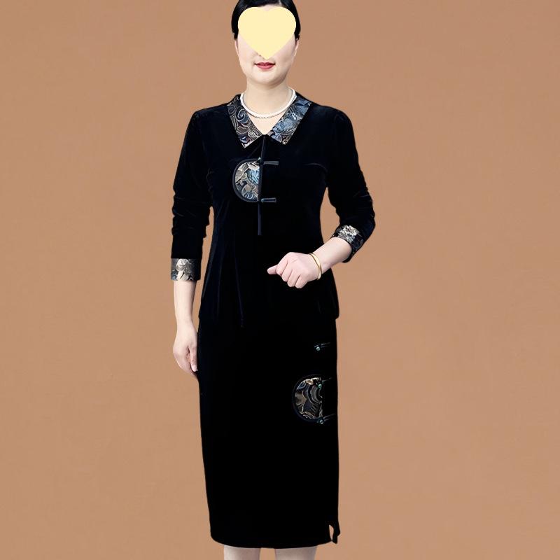 

Платье в китайском стиле из золотого бархата на весну, комплект из двух предметов: Ретро Элегантный Наряд Мамы Среднего Возраста XL (90-109 jin)