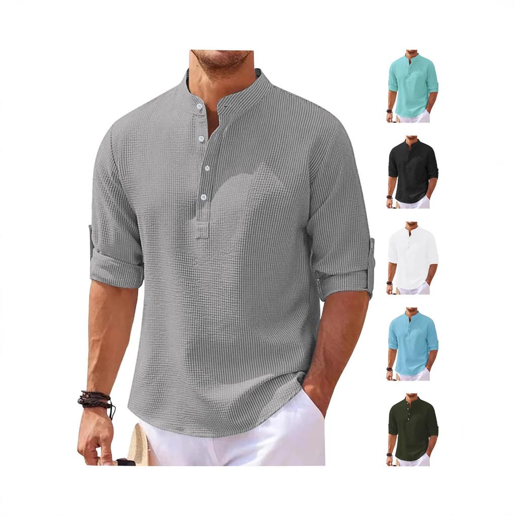 European and American TK Men's Long-sleeved Polo Shirt Summer Casual Breathable Button-up Collar Plaid Polo Shirt