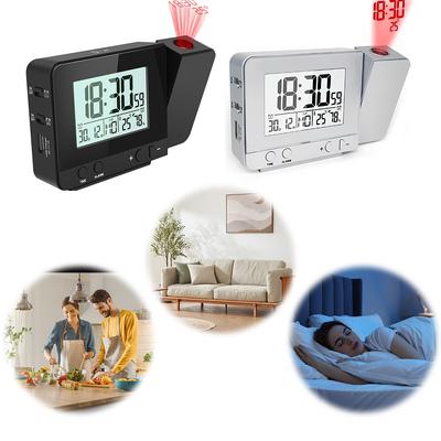 Projection Alarm Clock Digital Clock LED Display Temperature Humidity Monitor 180° Rotatable Projector 5mins Snooze for Bedroom