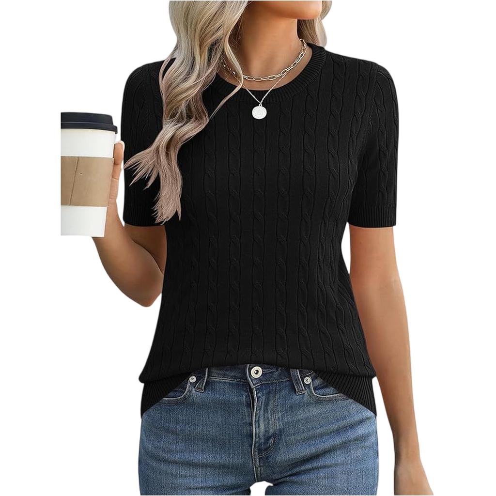 Women Short Sleeve Cable Knit Pullover Crew Neck Ribbed Hem Fitted Soft Stretchy Lightweight Sweater Top
