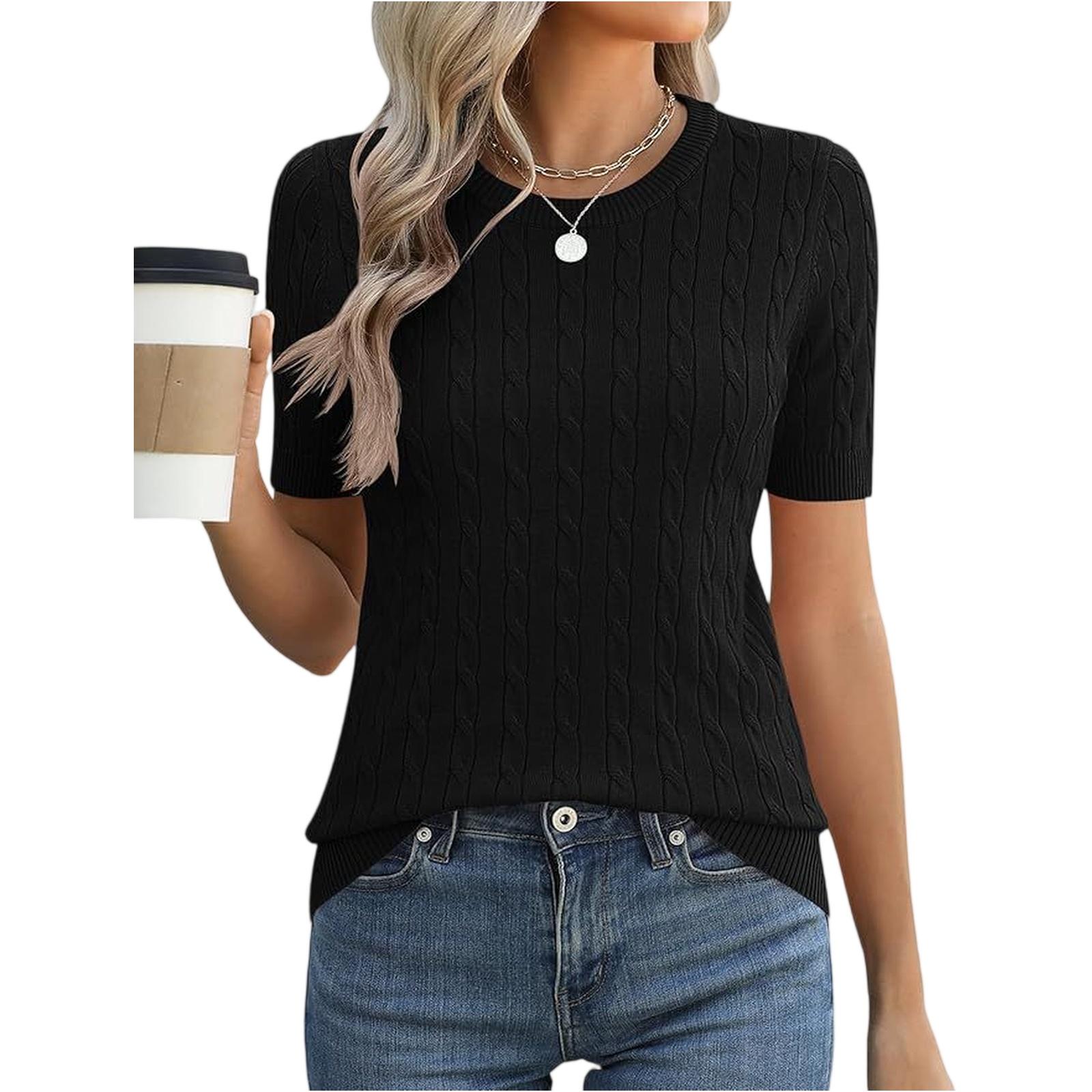 Women s Round Neck Lightweight Short Sleeved Knitted Sweater Top With Twisted Flowers L чёрный