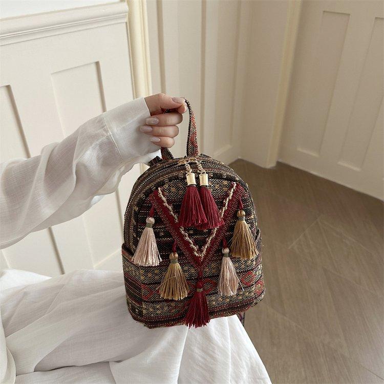 Schoolbag Retro Ethnic Style Girls Small Backpack Fashion Fringed Design Trend Versatile Small Backpack Messenger Bag Multi-purpose Bag
