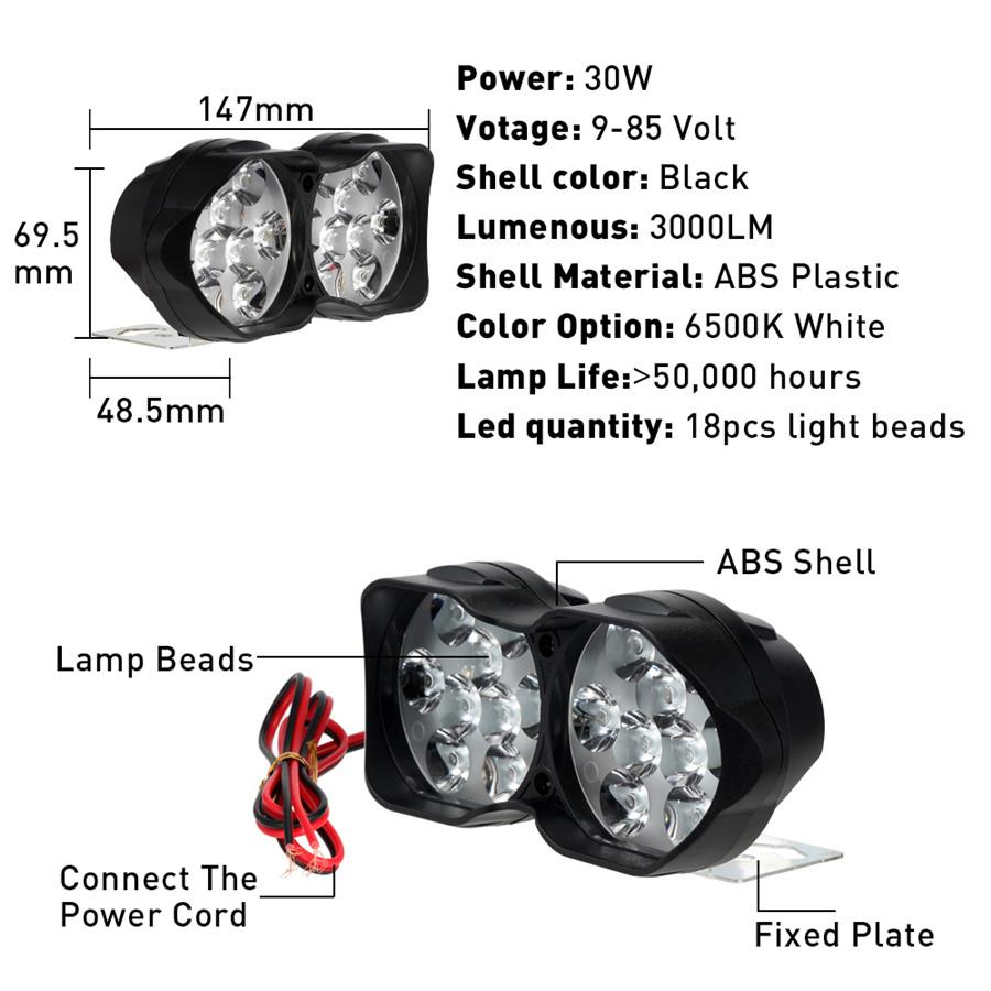 30W 6500K Motorcycle ATV 18LED Headlight Spotlight Fog Spot Lamp DRL Waterproof