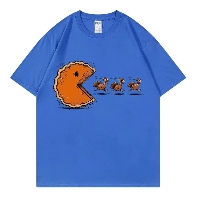 Funny Pumpkin Pie Chasing Turkey Print T Shirt Men Women High Quality Fashion Short Sleeve T-shirt Casual Cotton T-shirts