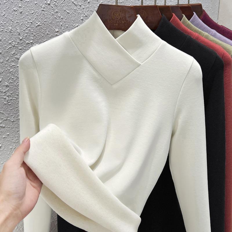 Stacked Collar Warm Fleece Bottoming Shirt Women's Autumn and Winter New Semi-turtleneck Long-sleeved Fleece Warm Silk Cashmere Top