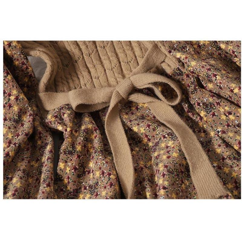 Damska jesienno-zimowa sukienka z paskiem w kwiaty, dzianinowa, sztruksowa, z łączonymi wzorami