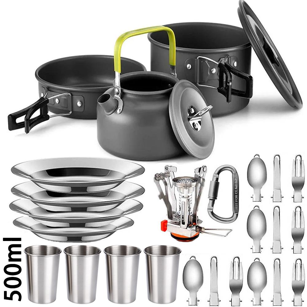 Outdoor camping cooking set outdoor water boiling and vegetable frying aluminum alloy portable set [with igniter]