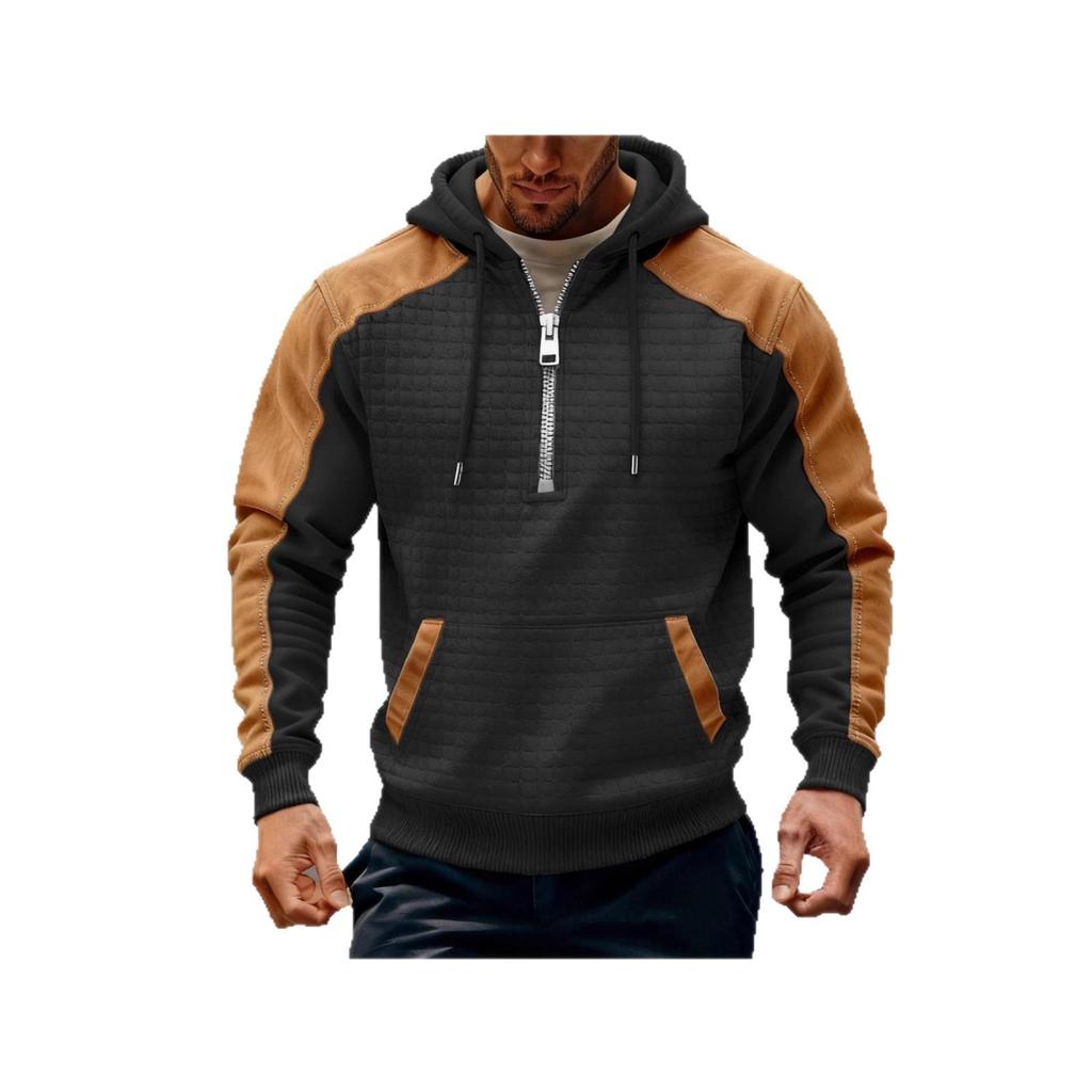 Men's Color Block Fleece Hooded Sweatshirt - Warm Tactical Pullover with Zipper and Long Sleeves for Autumn/Winter