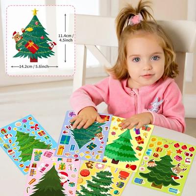 6 hojas de pegatinas de árbol de Navidad. Haz tus propias pegatinas de árbol de Navidad para niños. Manualidades, juegos y regalos para fiestas navideñas.