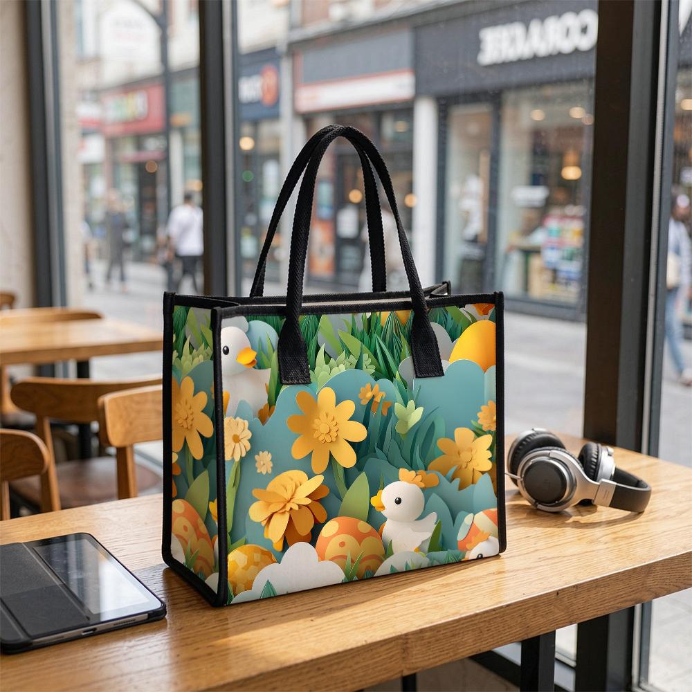 Cute Duck Floral Print Casual Tote Bag Lightweight Daily Reusable Shopping Handbag for Outdoor