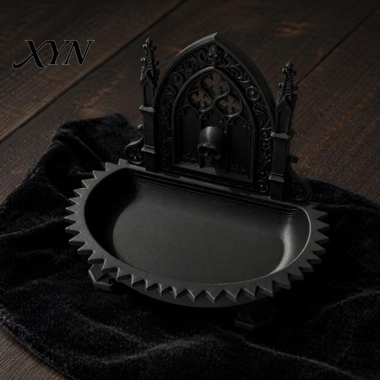 Jagged Edge Jewelry Tray Church Carving Design Storage Box, Matte Black Desktop Organizer for Rings Small Item Bracelets Goth Decor, Gothic Style And