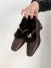 Retro Square Head Fur Slip-On Shoes Metal Buckle One-Strap Lightweight Mary Jane Shoes for Women