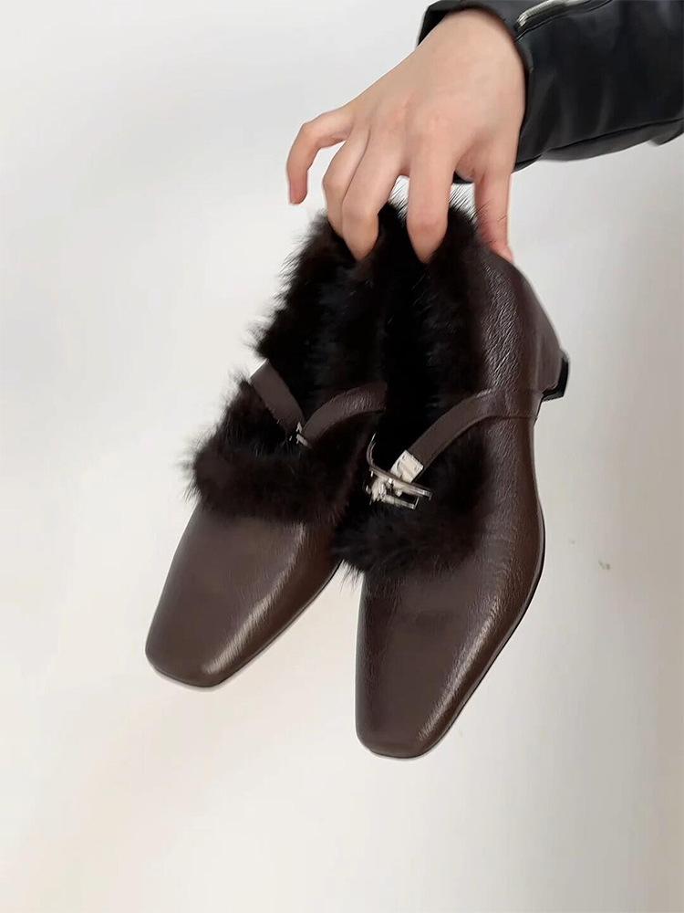 Retro Square Head Fur Slip-On Shoes Metal Buckle One-Strap Lightweight Mary Jane Shoes for Women