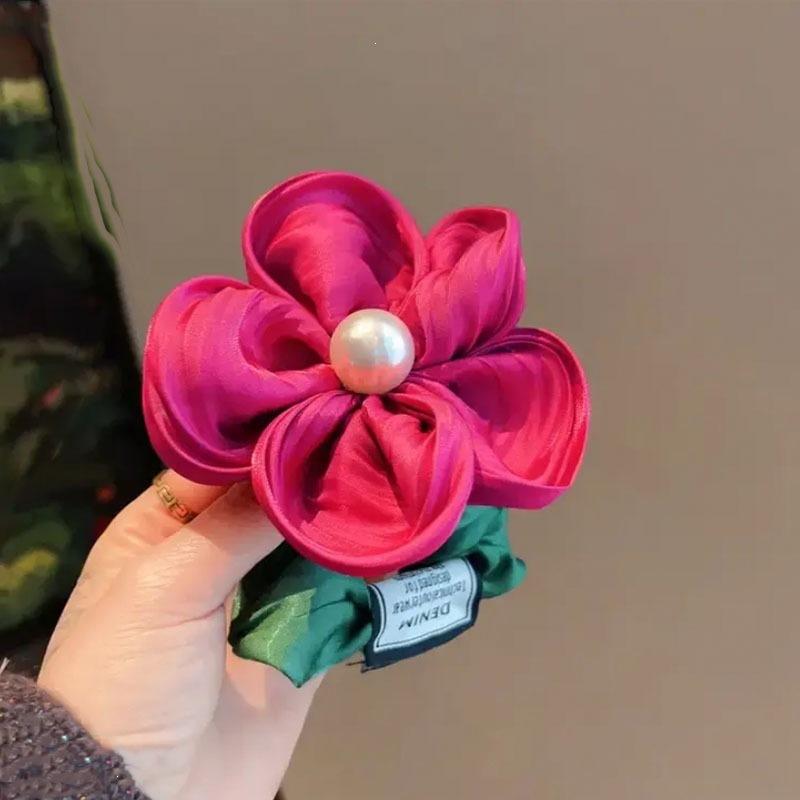 Pearl Flower Hair Band Pleated Flower Five-Petal Flower Hair Accessories Hair Band Jewelry Women S Light Luxury High-Elastic Large Intestine Hair Band