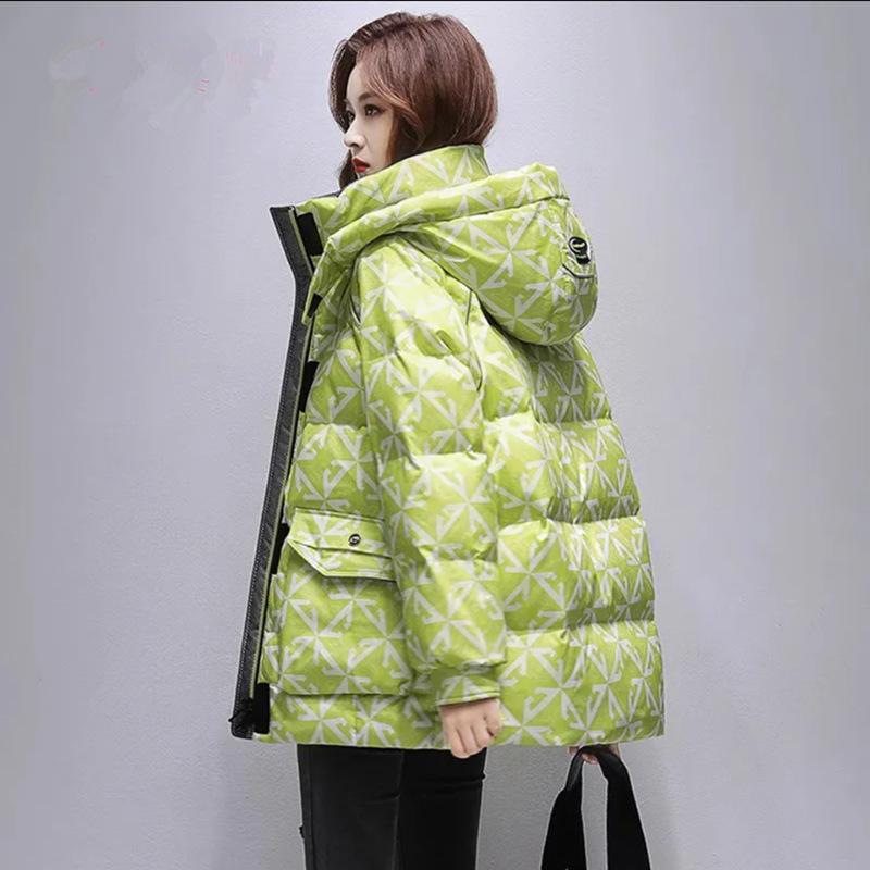 Women's Autumn and Winter Short Length Plus Plus Size Plus Plush Thick Warm Coat Printed Hooded Stand Up Collar Zipper Versatile Coat