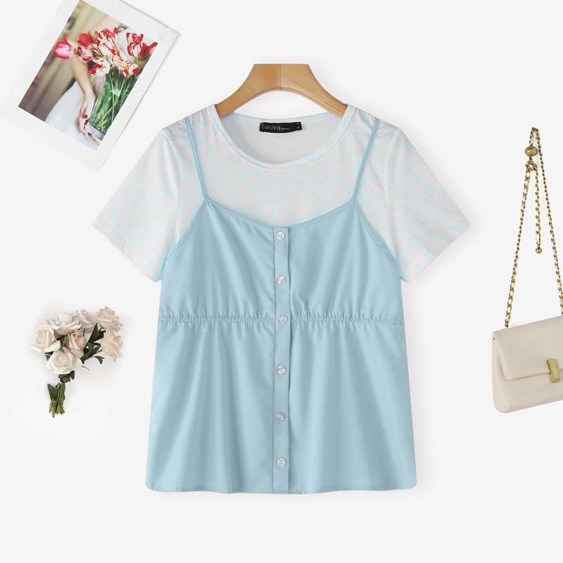 

ZANZEA Женские летние повседневные футболки с коротким рукавом в стиле пэчворк, имитирующие двойку 5XL светло-синий