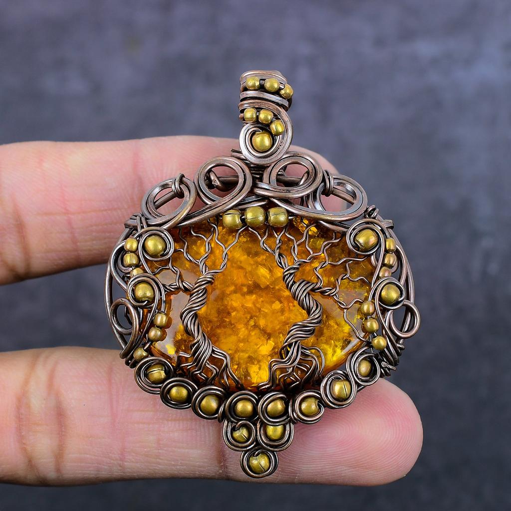 Naturlig baltisk rav Håndlaget kobbertrådviklet Livets tre anheng 2,44" n8n74