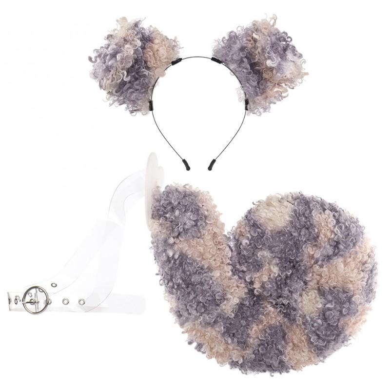 Halloween Curly Dog Costume Set Plush Faux Fur Ears Tail Headband Cosplay Props Party
