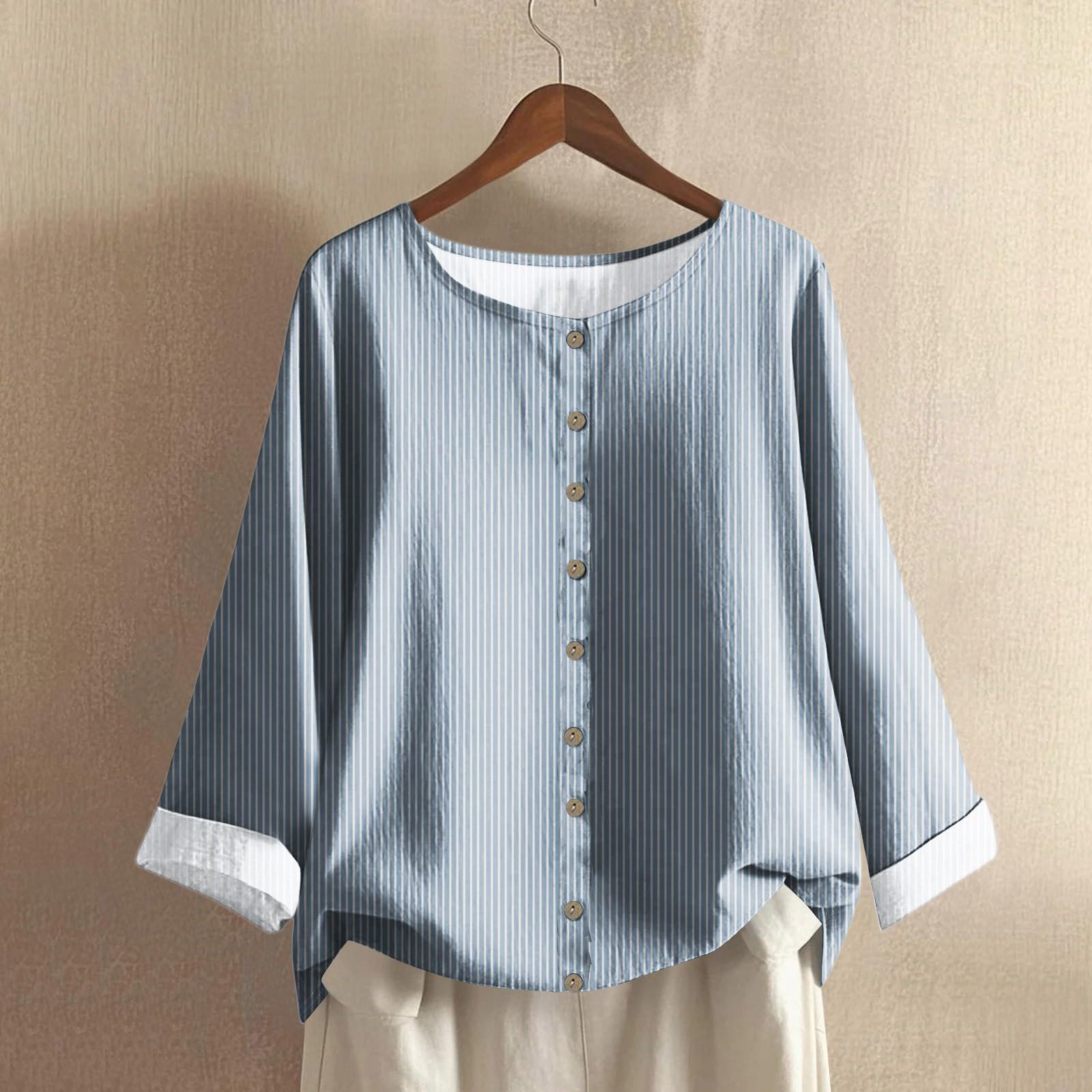 

Женский повседневный хлопково-льняной топ с длинным рукавом и круглым вырезом в стиле ретро с полосатым геометрическим принтом XXL