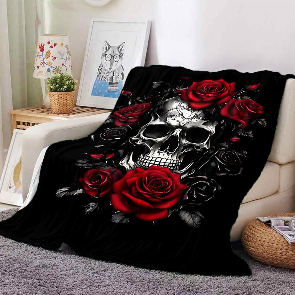 1pc Skull Roses Blanket Lightweight Flannel Throw for Sofa Bed Travel Camping Livingroom Office Couch Chair