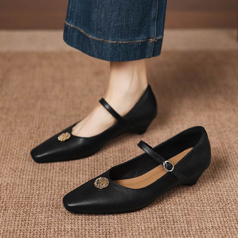 Krazing Pot Microfiber Square Toe Thick Med Heels Spring Summer Shoes Big Size 43 Metal flowers Women Shallow Pumps