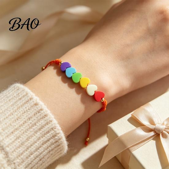 Fashionable Stackable Bracelet Colorful Hearts Bracelet, Handmade Braided Cord String Adjustable Sweet Aesthetic Hand Ornament Heart Shaped Clay Beads