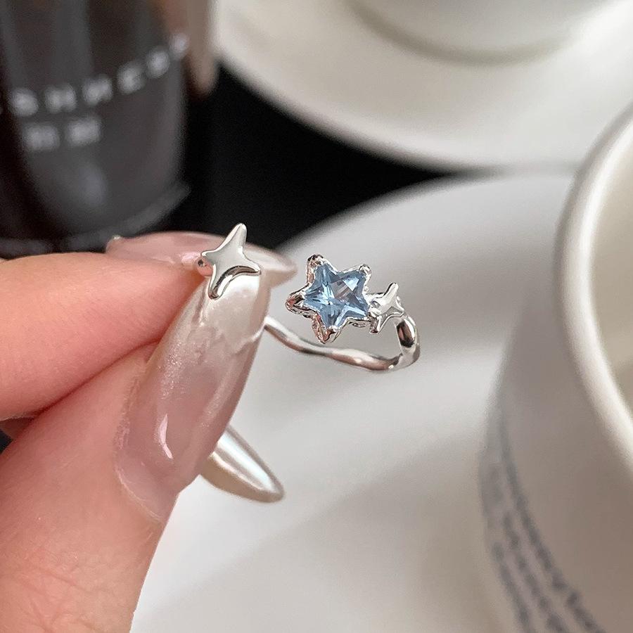 PANJBJ 925 Silver Stars Ring For Women Blue Crystal Opening Sweet Romance Irregular Versatile Jewelry Gift