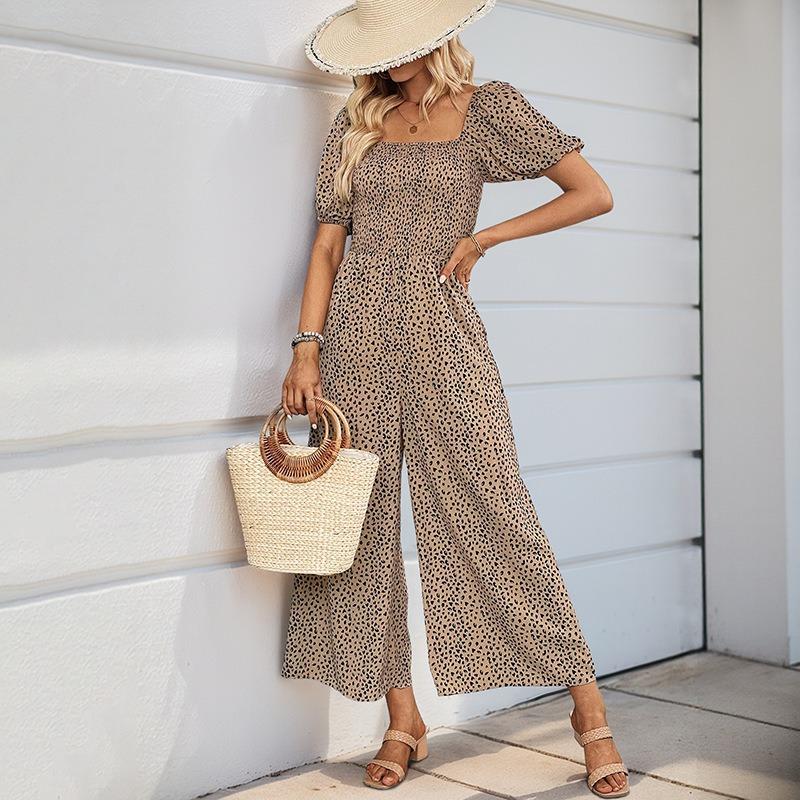 VEZFAA Women's Fashion Casual Summer Spring Short Sleeve Square Collar High Waist Trousers Jumpsuits & Rompers