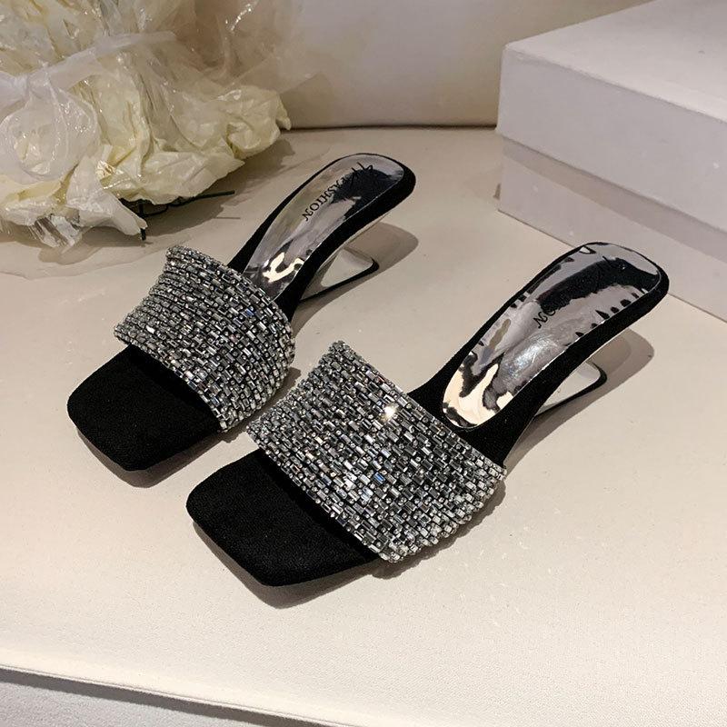 Beautiful One-word Sandals for Women To Wear In Summer, New Rhinestone Temperament with Skirt, High-heeled Cool Slippers