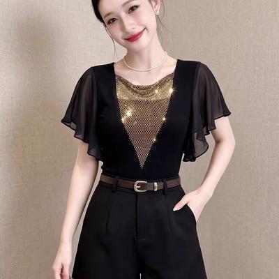 New Women's Summer T-shirt Fashion Hollow Out Hot Diamonds V-Neck Shiny Tops Elegant Ruffle Sleeve Stretch Slim Tees Blouse