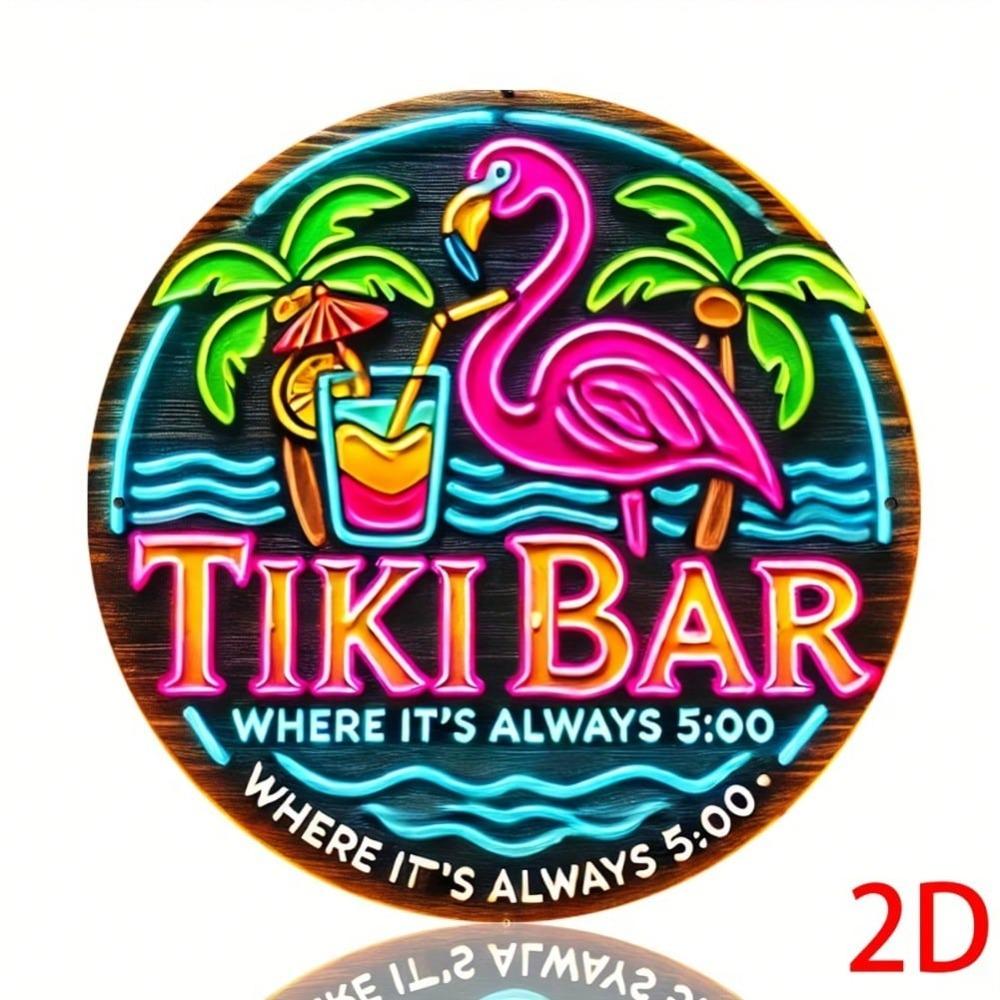 Vibrant Tiki Neon Sign Retro Aluminum Wall Art with Flamingo Palm Tree Design for Indoor Outdoor Bar Cafe Man Cave Garage Decor