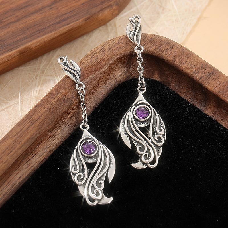 Винтажные серебристые металлические серьги-подвески со спиральной резьбой для женщин, этнические круглые серьги, инкрустированные фиолетовым камнем, ювелирные изделия