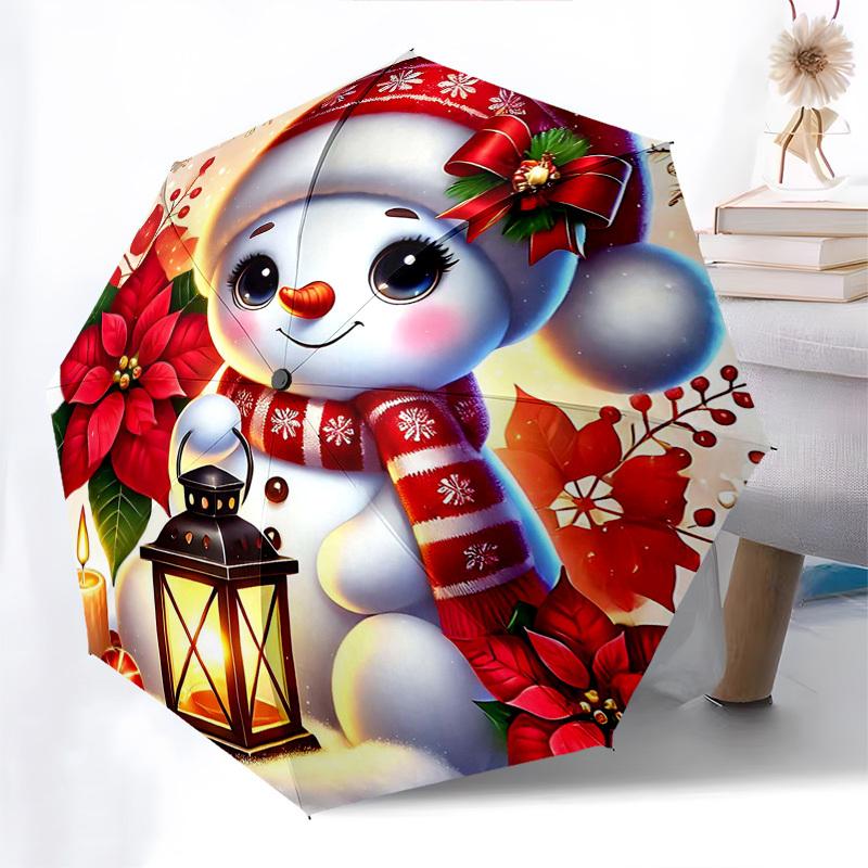

1pc Christmas Snowman with Poinsettia Flowers, Automatic Opening Folding Umbrella, 3-Fold Design, 8-Bone Iron Frame, Outdoor Umbrella, Festive Gift fo