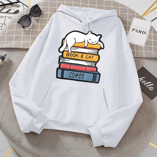 White Cat Sleeping On A Pile Of Books Hooded Women Street Crewneck Hoodies Autumn Oversize Sweatshirt Casual Warm Clothes