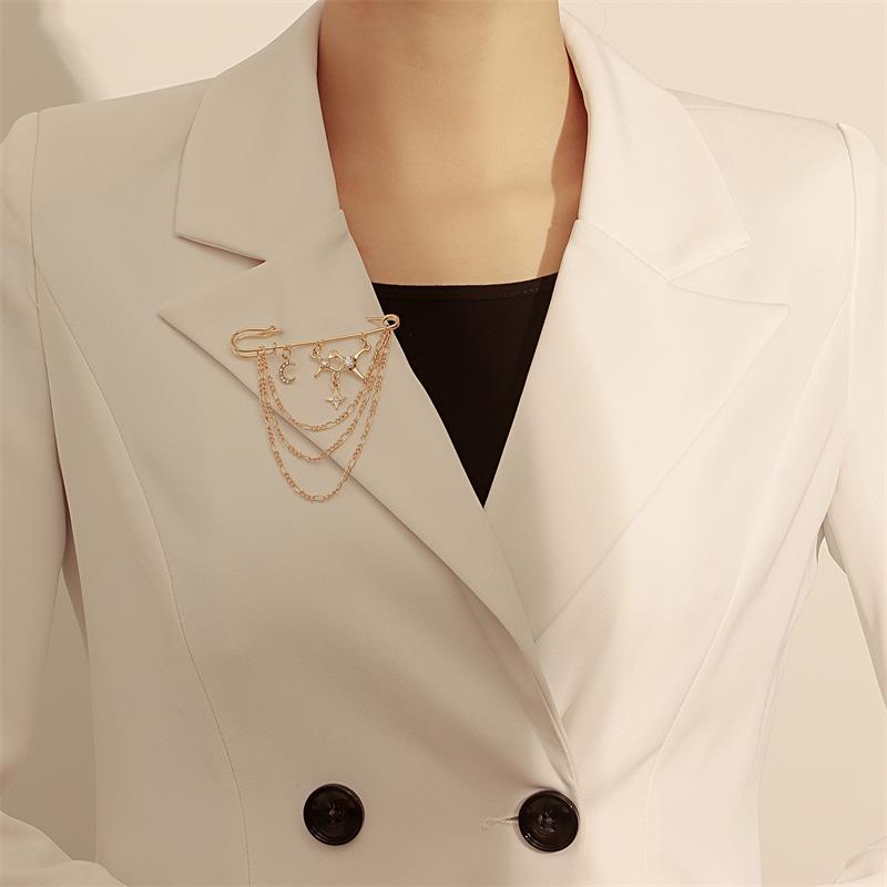 Schmuck Retro Diamant Stern Mond Sichel Kette Quaste Broschen Elegant Damen Kleidung Dekor Zubehör Tasche Anhänger Anzugnadeln