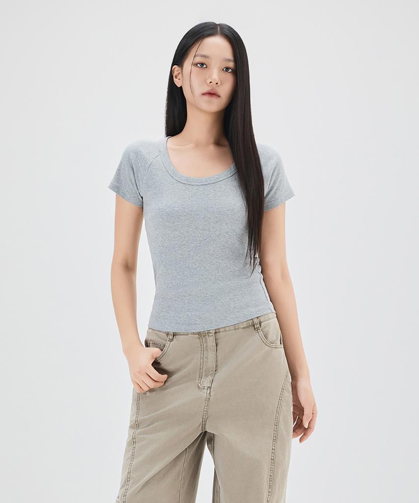MIXXO Ribbed U-Neck Short Sleeve T-Shirt_Miwhwg410A
