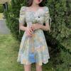Summer New Style Short-sleeved High-waisted A-line French Square Neck Floral Dress for Women