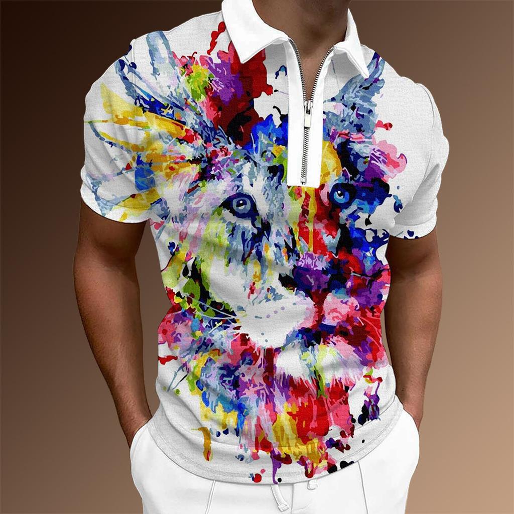 Abstract Print Short Sleeve Polo Shirt, Half-Zip Casual Wear