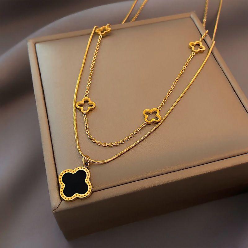 

[Titanium Steel No Fading] Double-Layer Clover Necklace Female Easiest for Match Clavicle Chain Light Luxury Minority Fancy Ornament Double Four-leaf Clover Necklace [Golden]]