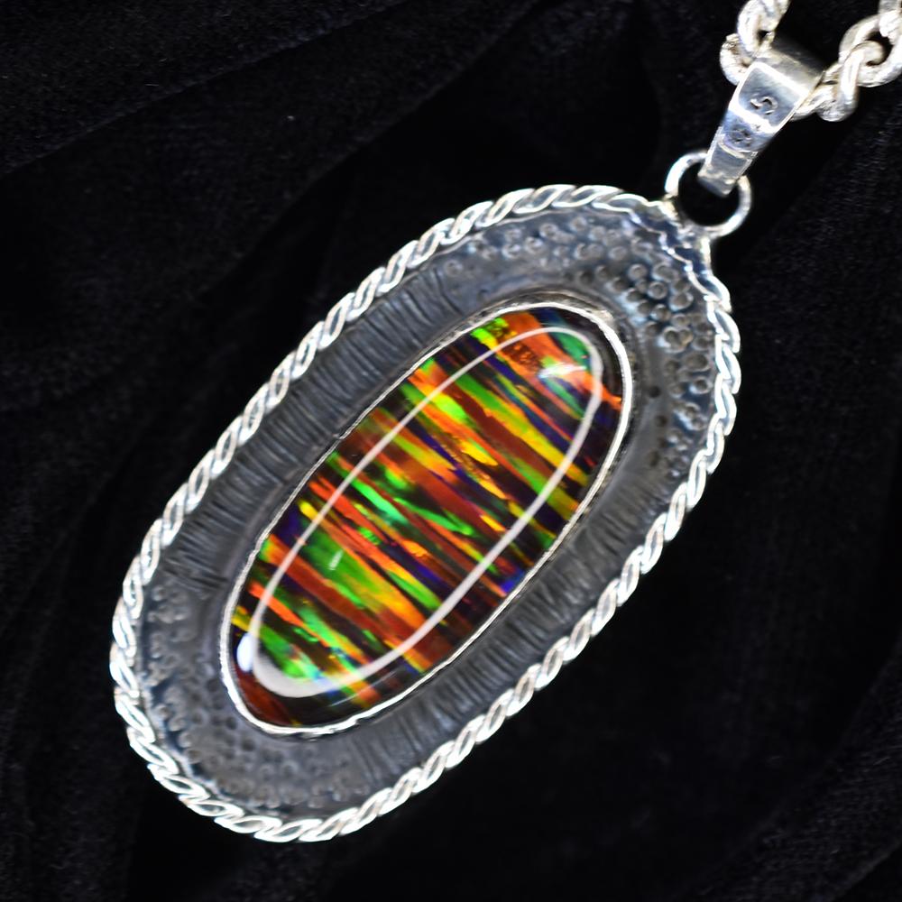 Natural Opal Necklace Fire 43 ct Multicolor 925 Sterling Silver October Birthday Birthstone