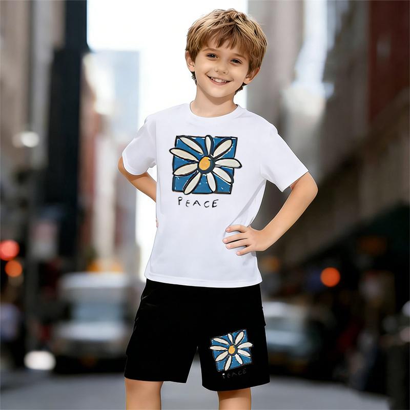

Boys 2 Piece Chrysanthemum print Outfit, Short Sleeve T-Shirt and Shorts Set for Kids Age 5-14, Black and White Sporty Casual Summer Clothes 13-14 Years білий