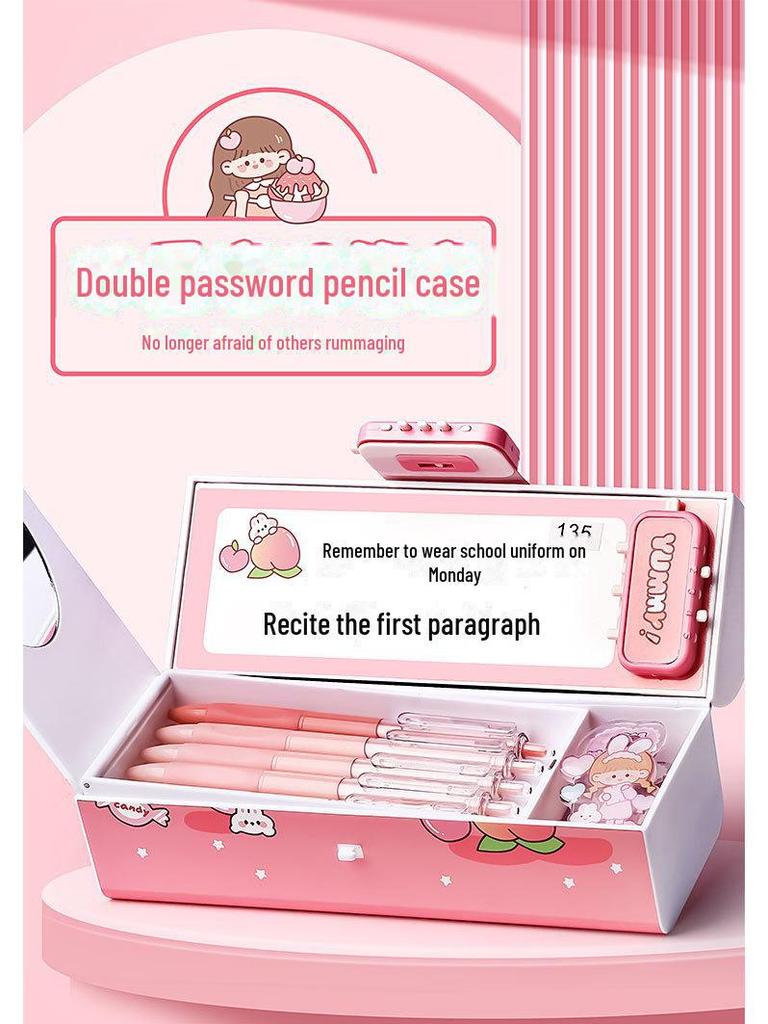 Smart Double-Layer Pencil Case for Girls with Password Lock – Stylish and Portable for Primary School Students