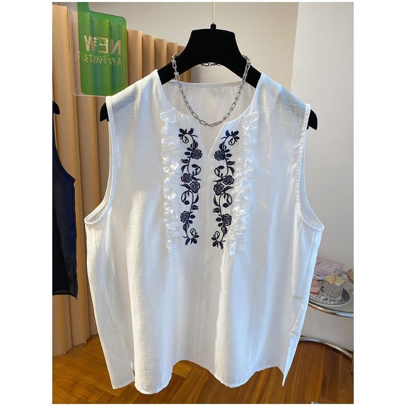 Womens Brown Floral Embroidered Tank Top Casual V Neck Ruffle Trim Linen Blend Sleeveless Blouse M