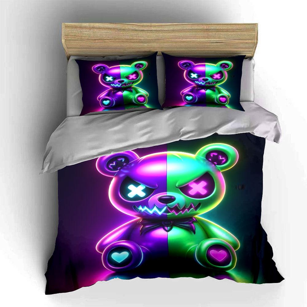 Neon Evil Teddy Bear Design Bedding Duvet Cover Set (1*Duvet Cover 2*Pillowcases, without duvet insert)