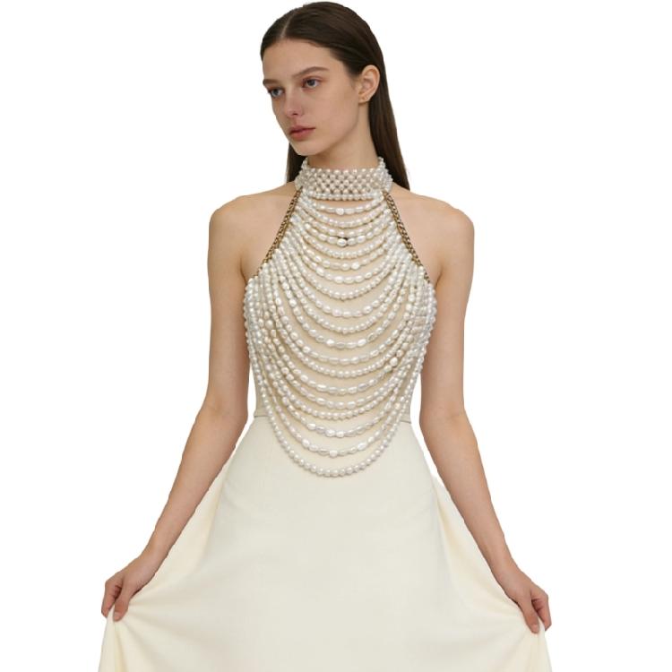 Pearls Body Chain Bra Multilayer Pearls Chest Chain Body Accessories Jewelry for Women Nightclub Raves Body Jewelry 1