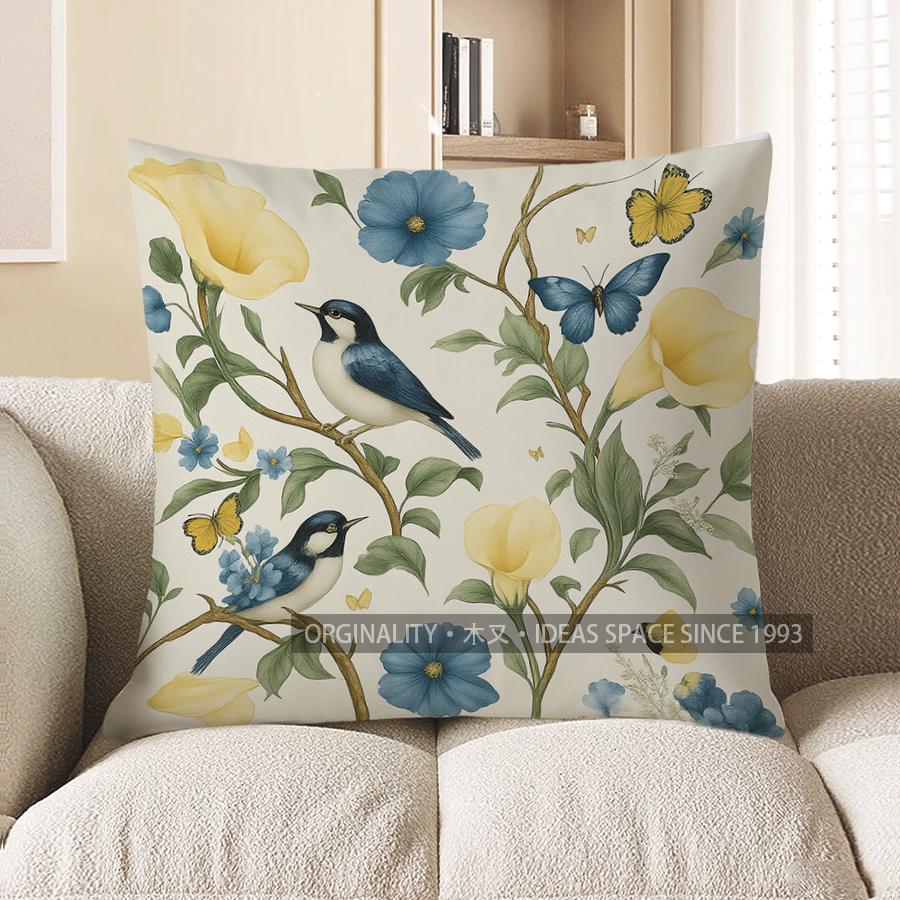 Home Decor Blue Birds & Flowers Printed Pillow Cover Pattern Cushion Cover Suitable For Sofa Bedroom Car Pillow Cover